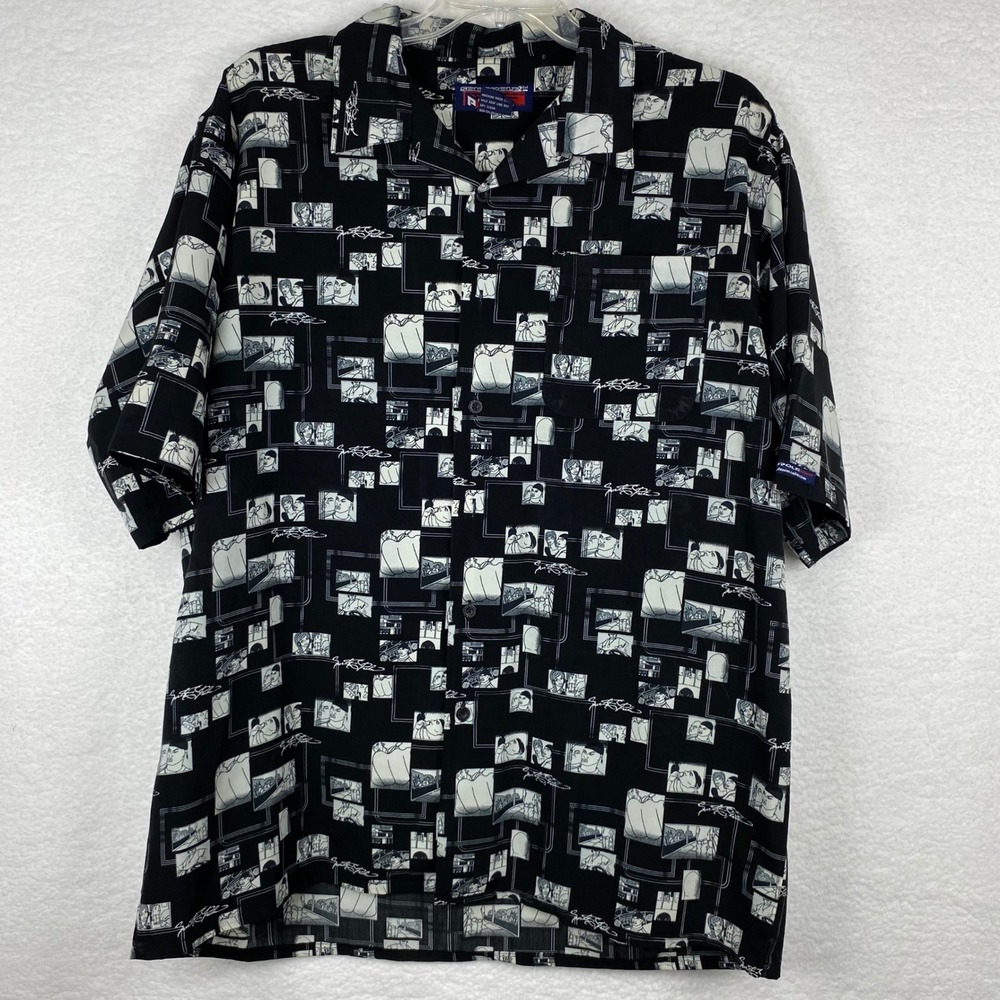 Vintage Southpole Mens XL Comic Graphic Print Button Down Shirt Black White Y2K - Picture 1 of 8